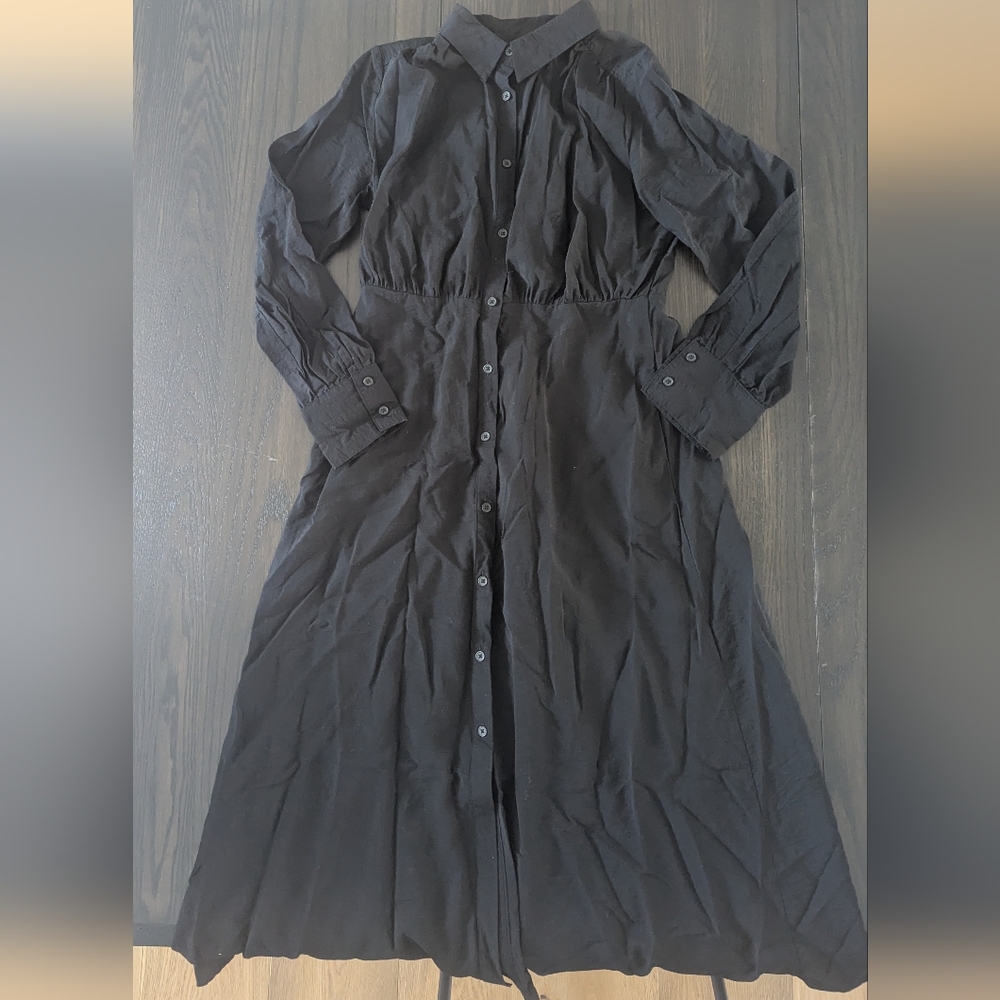 a new day | long sleeve collared midi crepe shirtdress